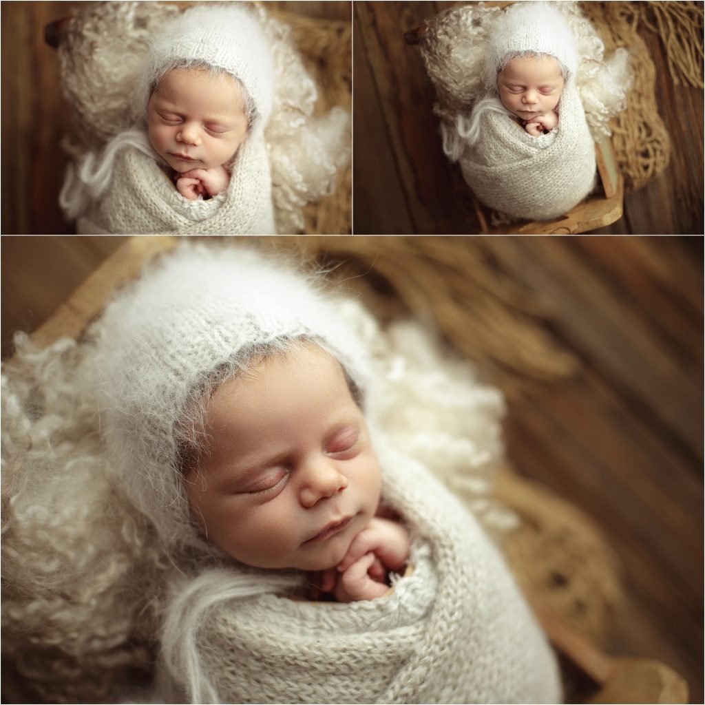 gray angora knit bonnet and knit gray wrap in newborn photos