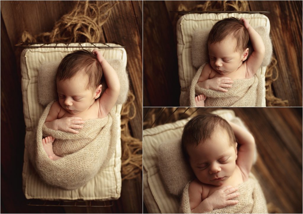 relaxed newborn photos on wire bed prop