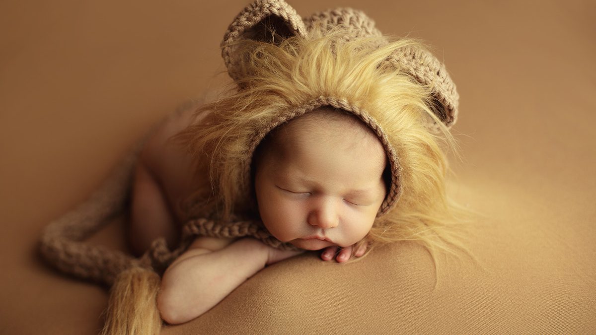 sleepy newborn posed facing forward on tan backdrop with fuzzy crocheted lion bonnet