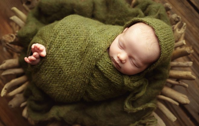 newborn boy wrapped in green posed in driftwood bowl