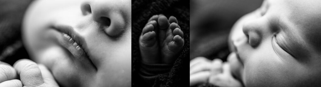 close up details of newborn baby in black and white, lips, nose, eyelashes, and toes