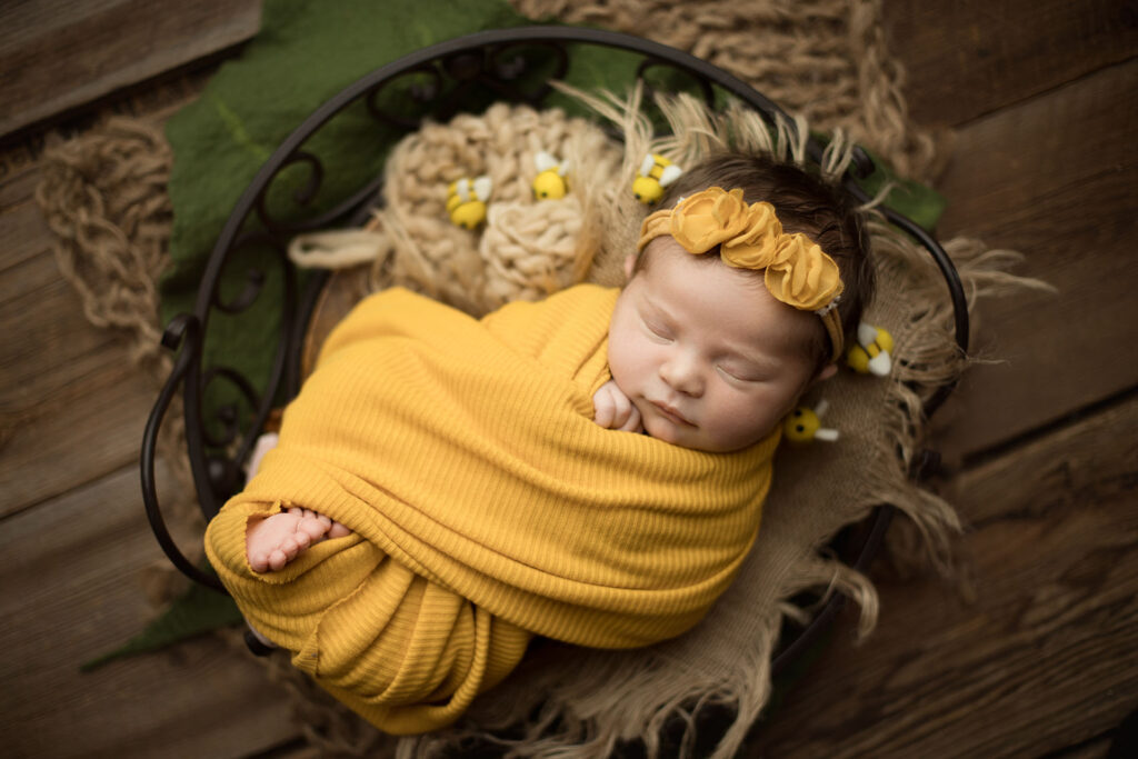 newborn baby posed in a yellow wrap with tiny felted bumble bee props