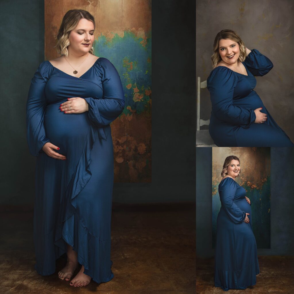 Expectant mother posing for a maternity session, wearing a deep blue silky gown with a blue and gold backdrop.