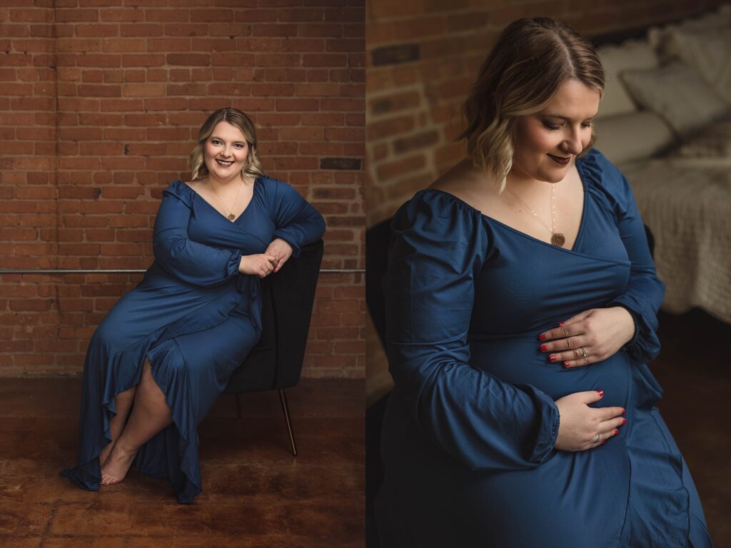 Expectant mother in Escanaba Michigan photo studio for her maternity session, posing on a chair with a brick backdrop.