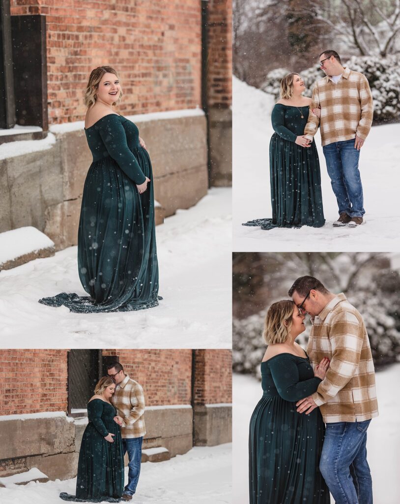 Outdoor portion of a maternity session in Escanaba Michigan, with mom wearing a teal maternity gown, on a snowy day with a brick backdrop.