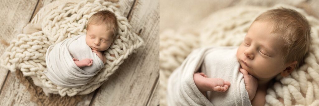 baby wrapped in cream wrap during newborn session
