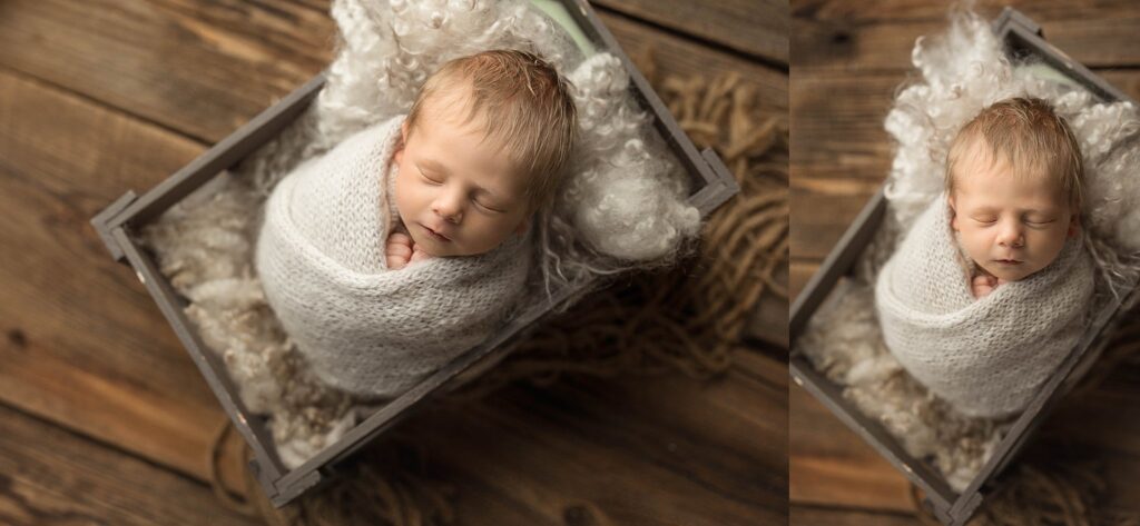 neutral fuzzy knit wrap for baby during his newborn photos