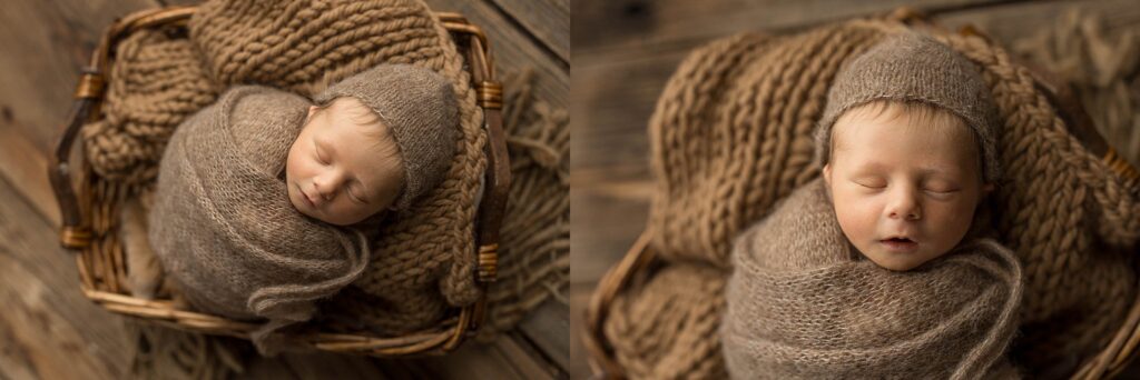 brown knit bonnet and wrap for baby during his newborn session