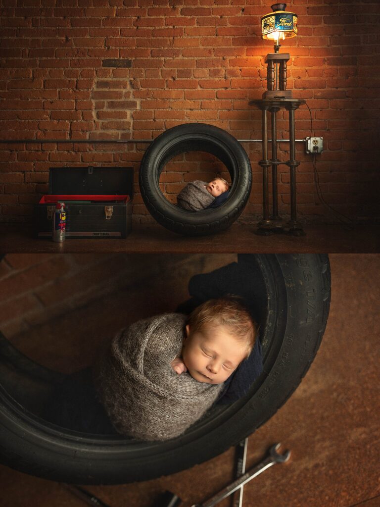 baby posed in a tire with dad's toolbox during his newborn photos