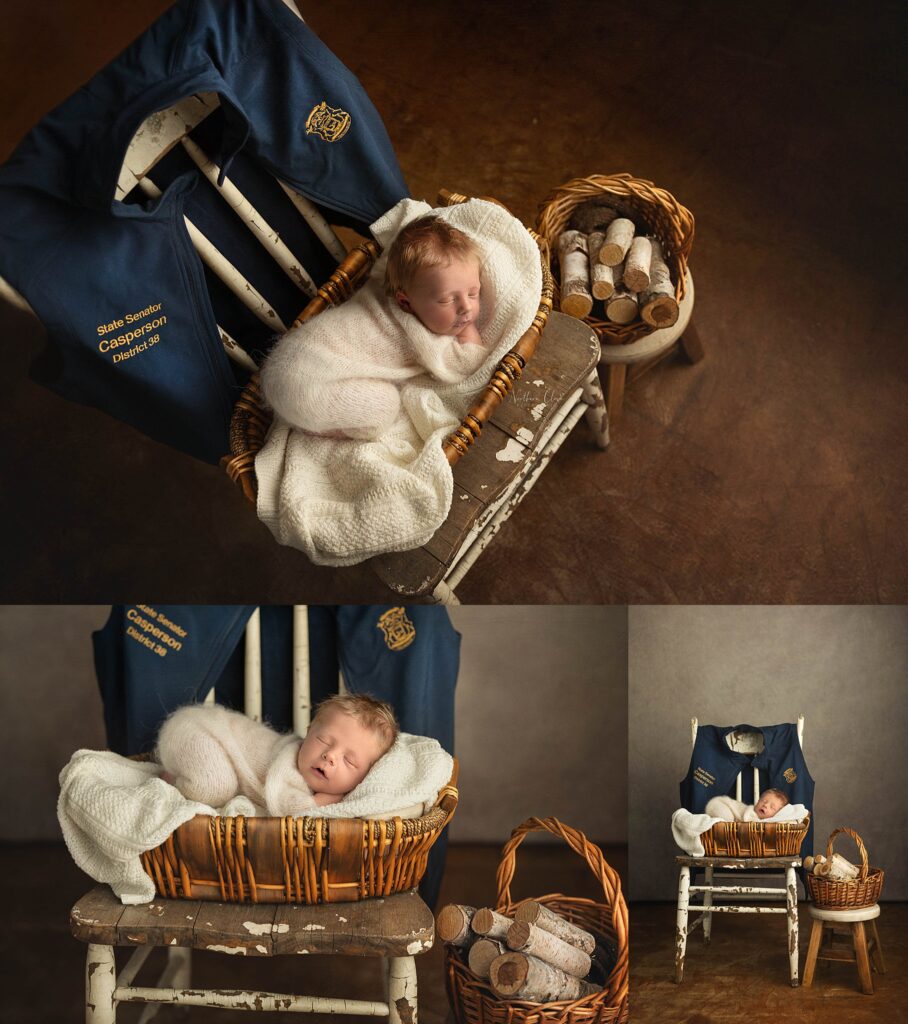newborn posed with items from his grandfather to honor his life 