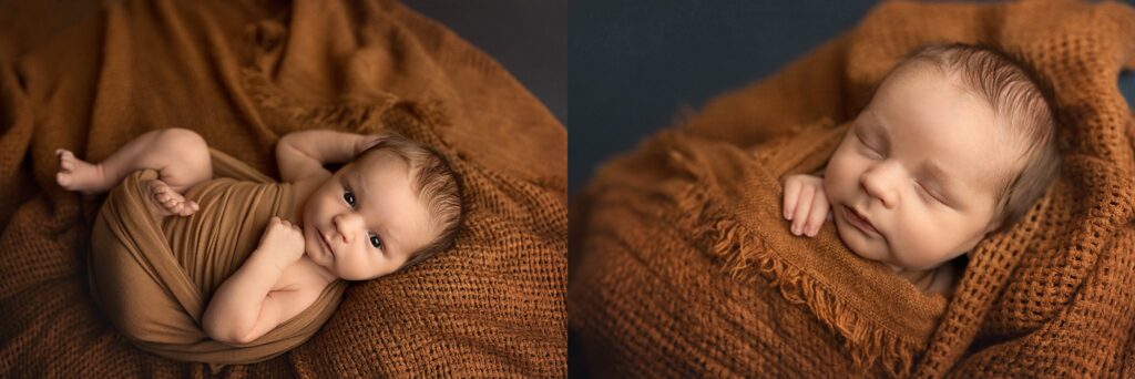 baby wrapped in deep orange blanket during his newborn photos
