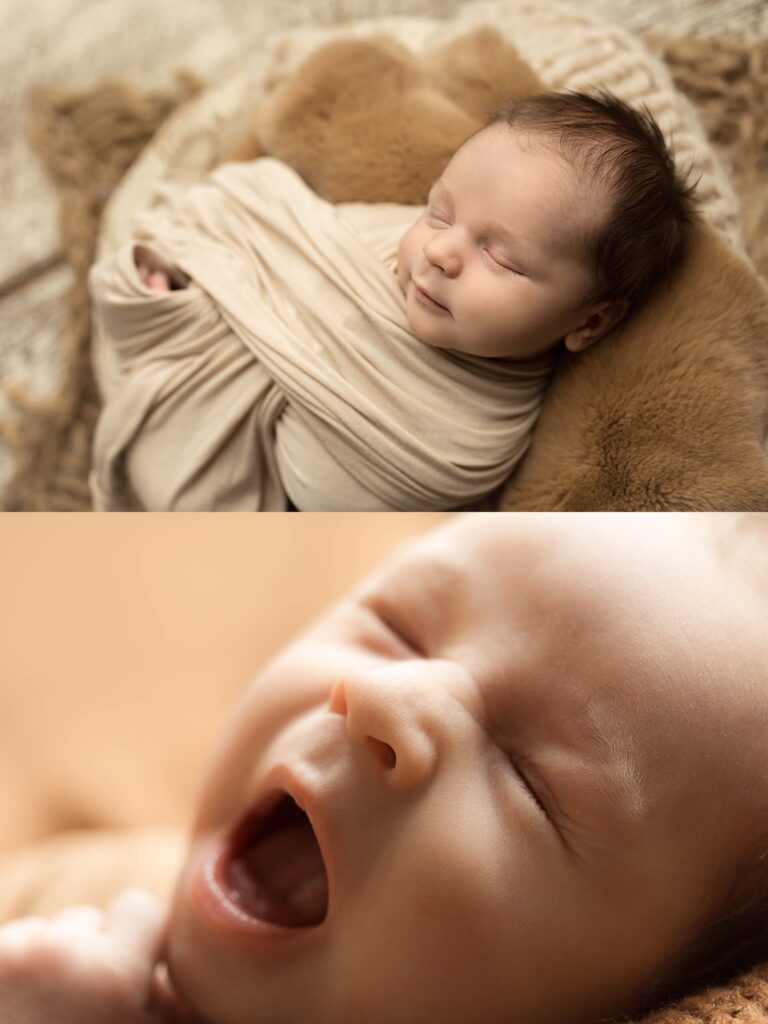 neutral colored newborn photos capturing a baby mid yawn