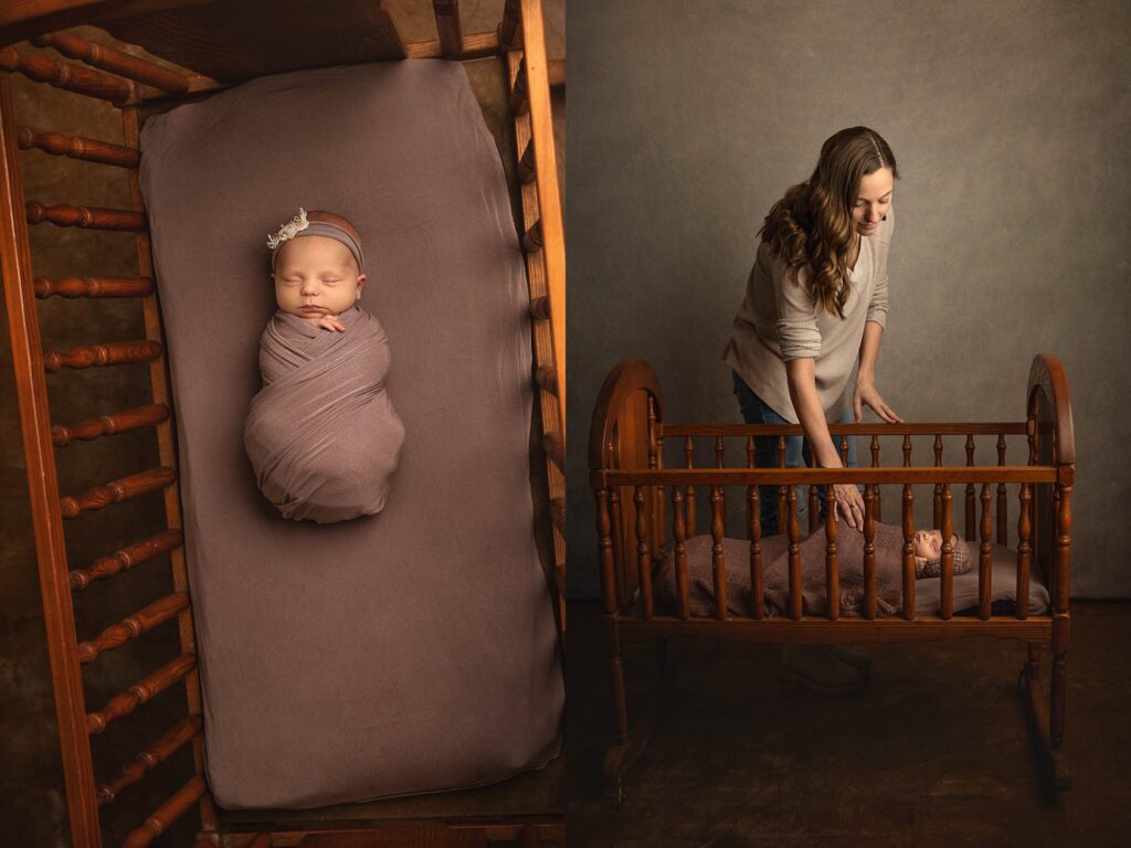 swaddled newborn in a crib while mom looks over her, posed for newborn photos