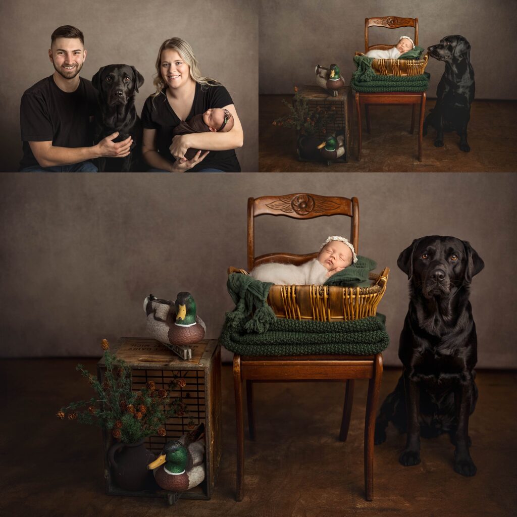 family poses during a newborn session, including the family's black Labrador retriever and dad's duck decoys.