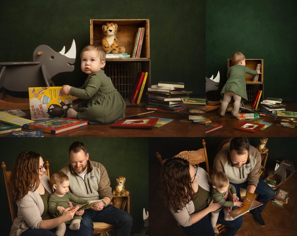 1 year old playing with books during her photo session