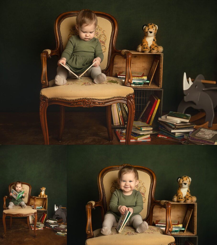 1 year old playing with books during her photo session