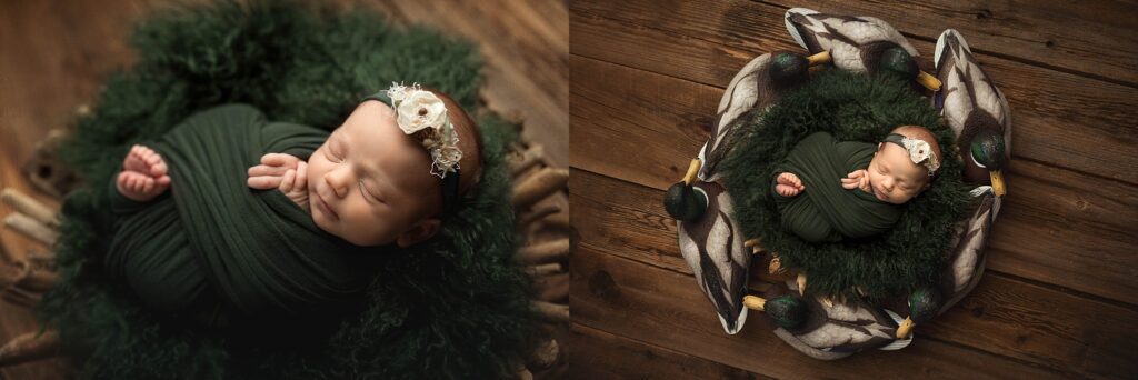 rustic themed newborn poses including dad's duck decoys