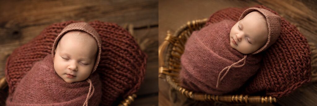 newborn baby wrapped in a cranberry knit wrap for her photo session
