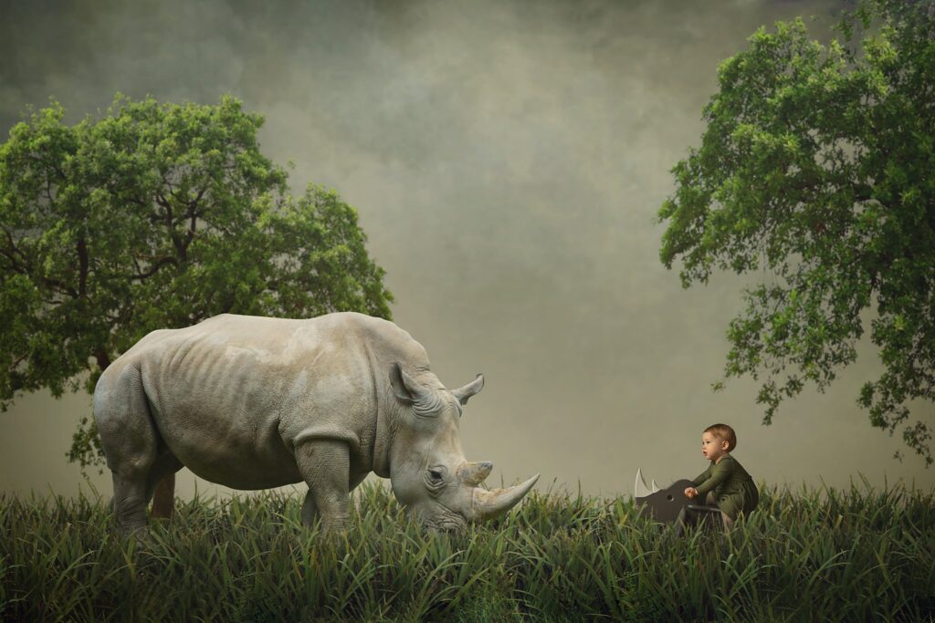 1 year imaginative image placed in a safari setting with rhinoceros