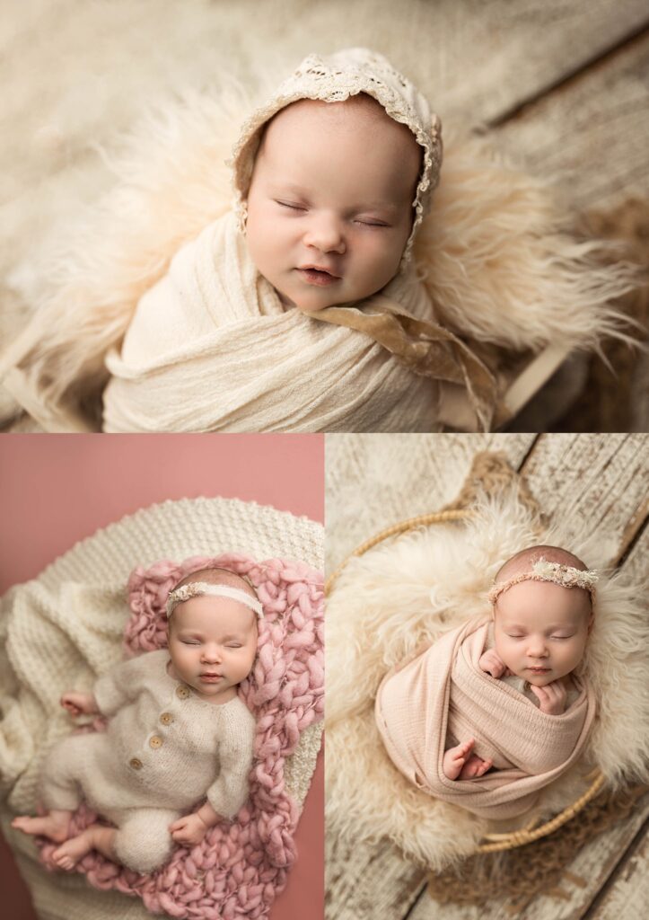 newborn baby wrapped up in pinks and creams for her photo session